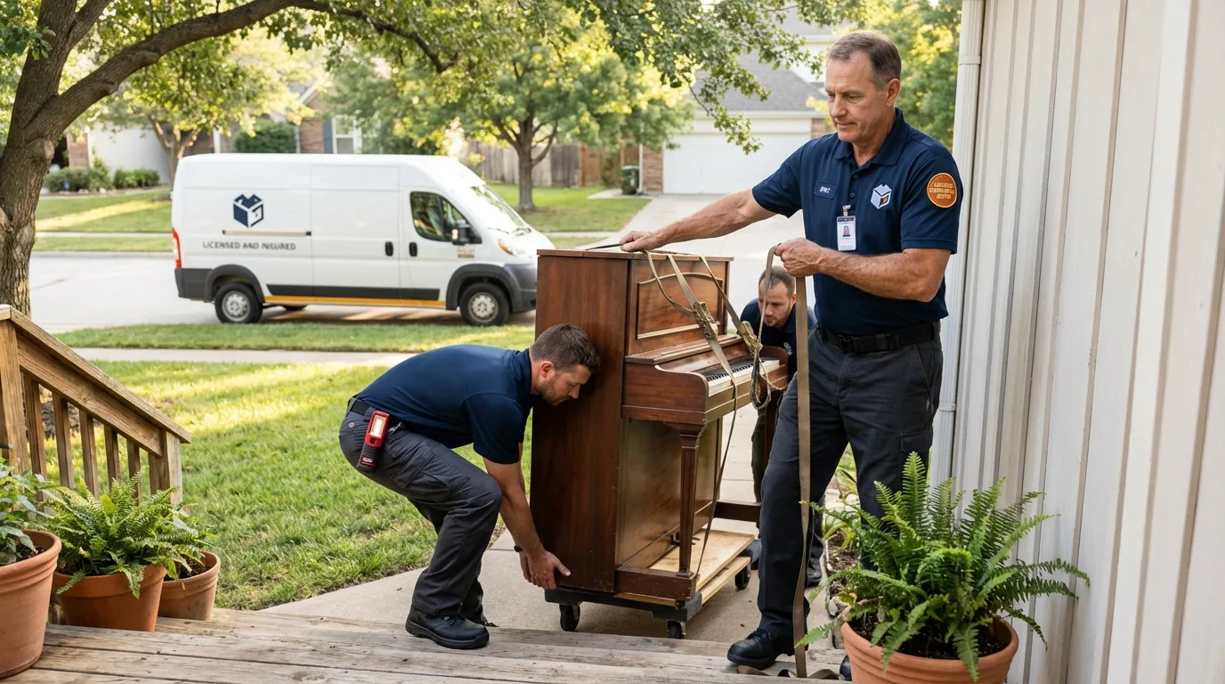 Licensed piano movers securing grand piano in Peachtree City, GA
