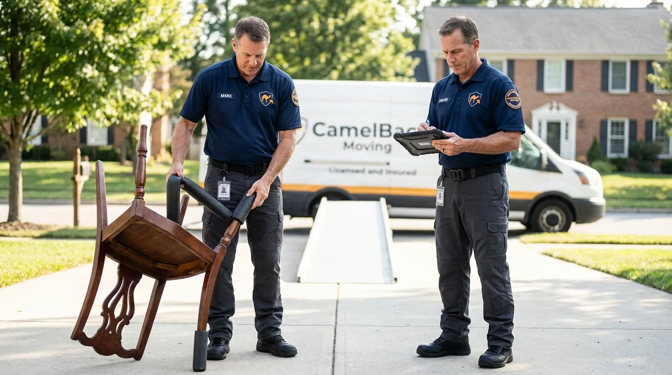 Movers inspecting furniture for damage prevention before loading in Peachtree City, GA