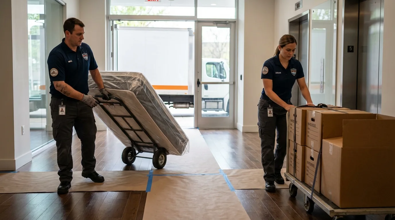 Professional apartment movers loading elevator in Peachtree City, GA