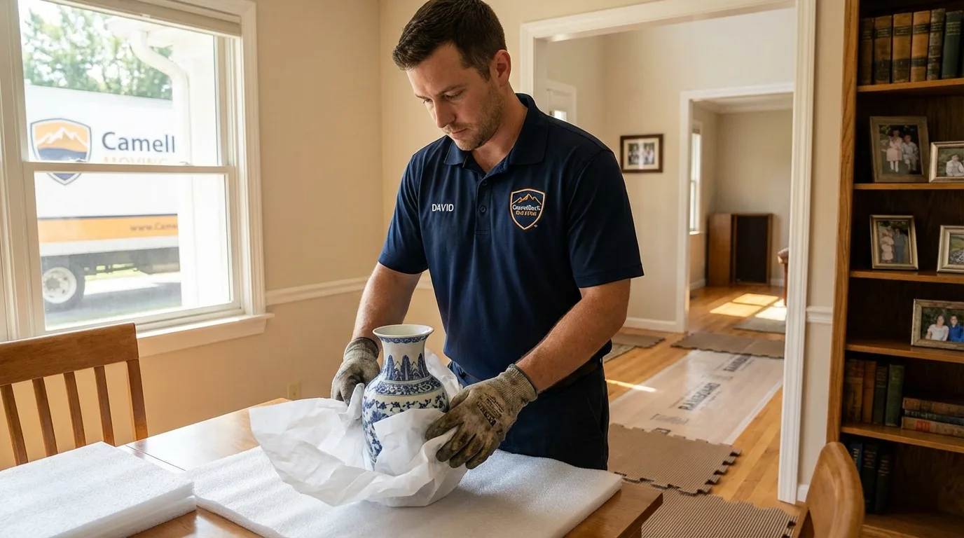 Professional crew carefully wrapping antique vase for senior downsizing move in Peachtree City, GA